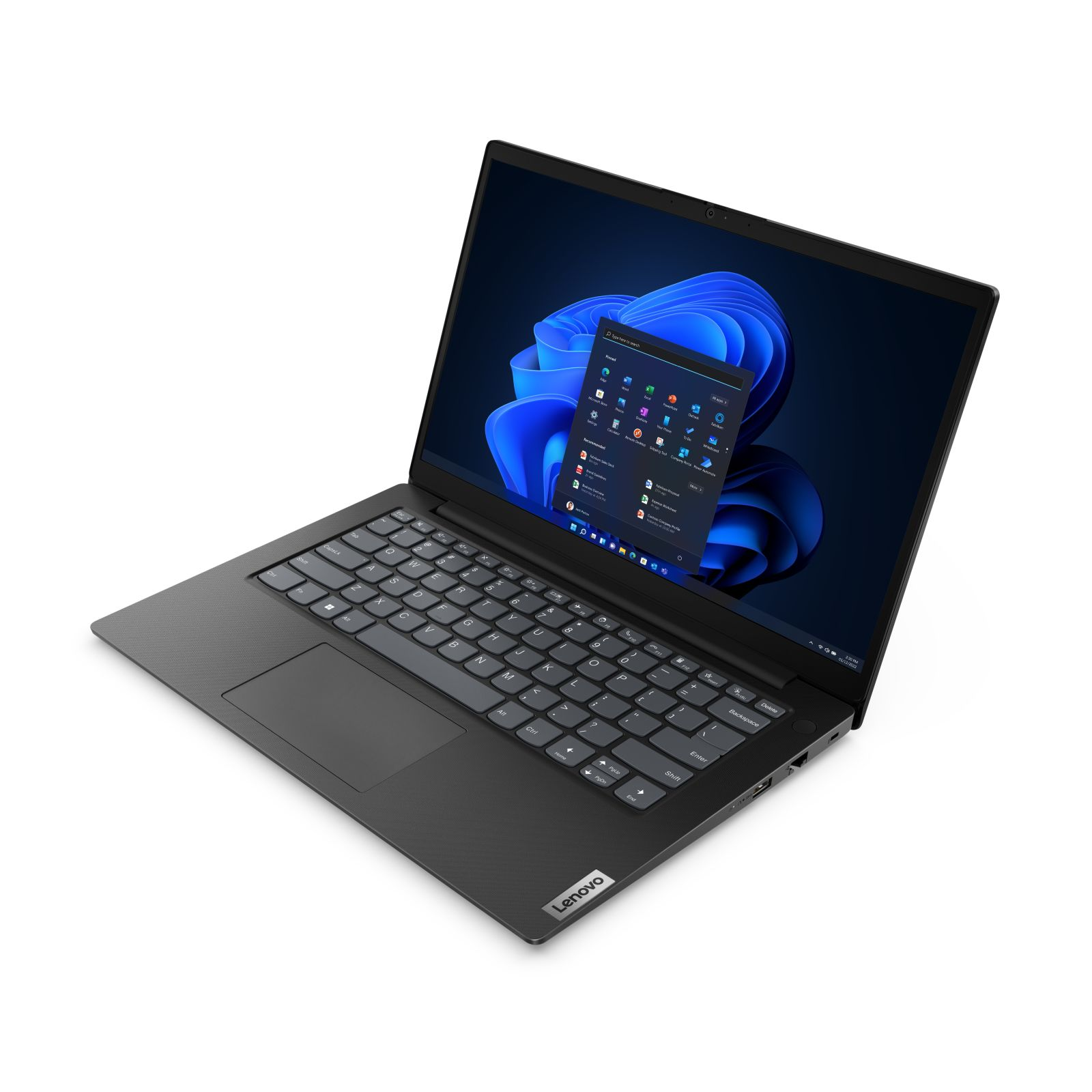 Czarny laptop, widok pod kątem, otwarty. Ekran wyświetla interfejs Windows. Klawiatura i gładzik widoczne.