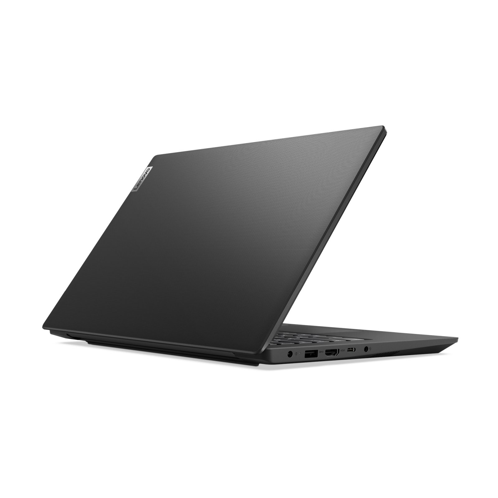 Czarny laptop, widok pod kątem. Zamknięta pokrywa z teksturowaną powierzchnią. Logo Lenovo z tyłu.