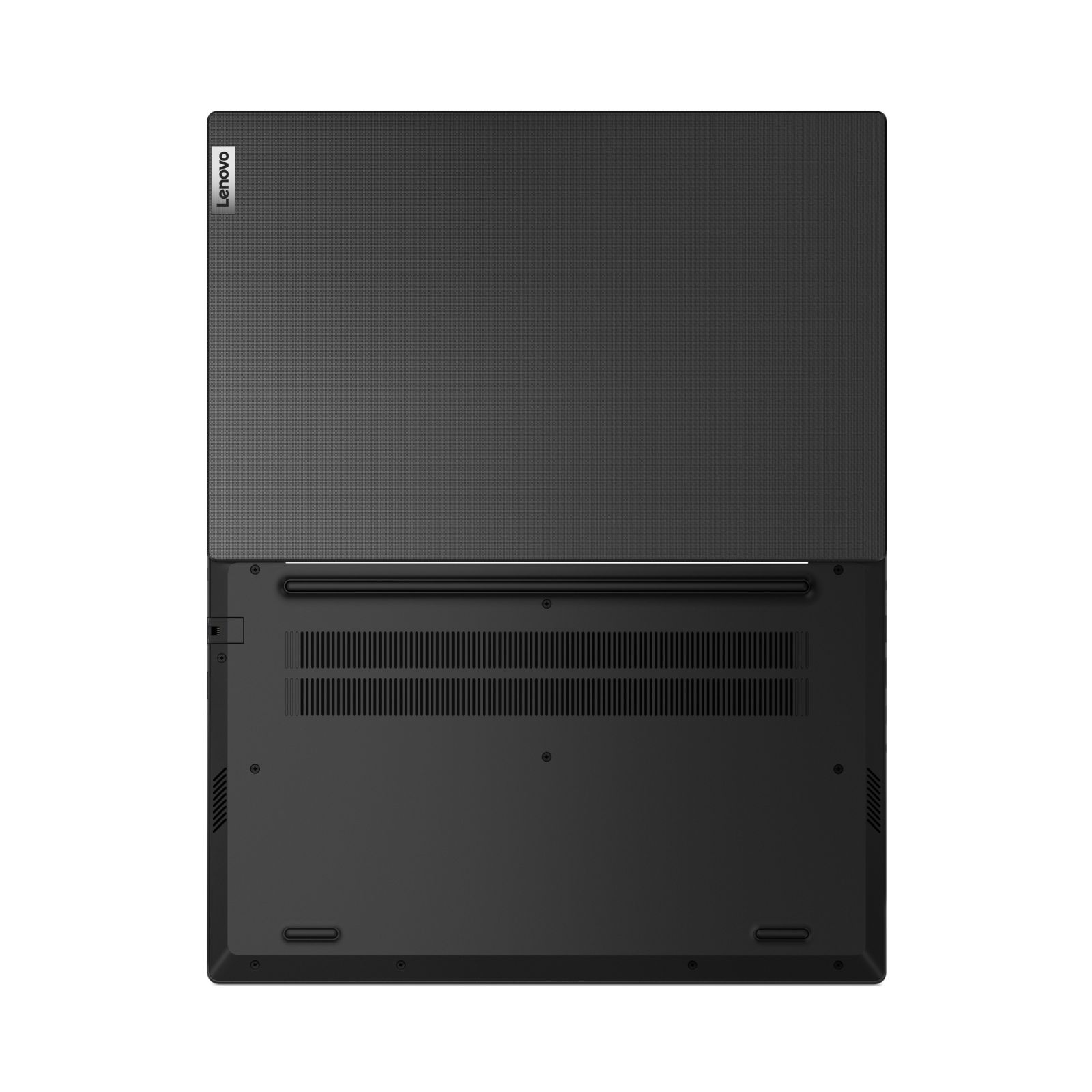 Widok od spodu laptopa. Czarny. Logo Lenovo. Pokazuje otwory wentylacyjne i śruby.