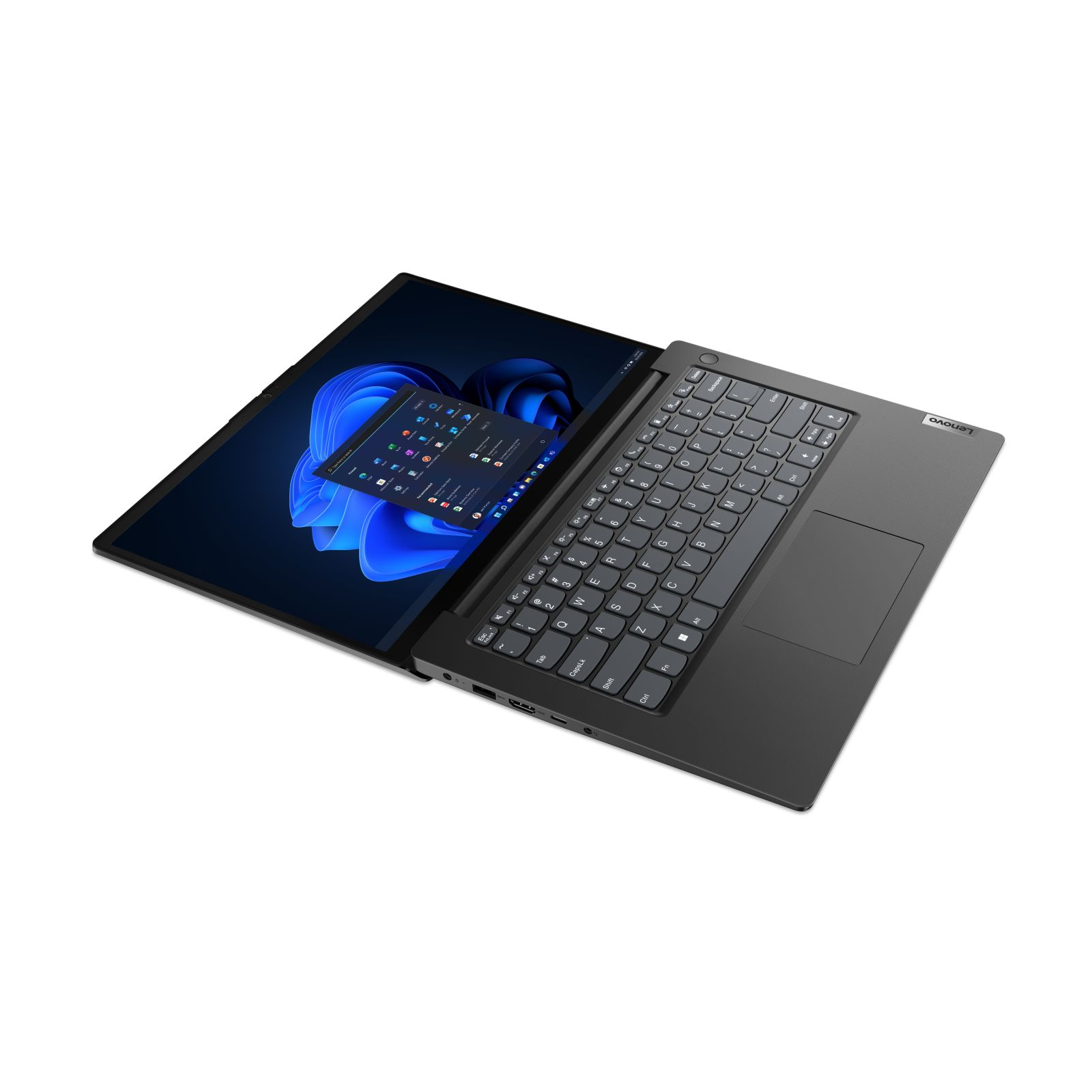 Laptop z interfejsem Windows na ekranie, częściowo otwarty, na białym tle.