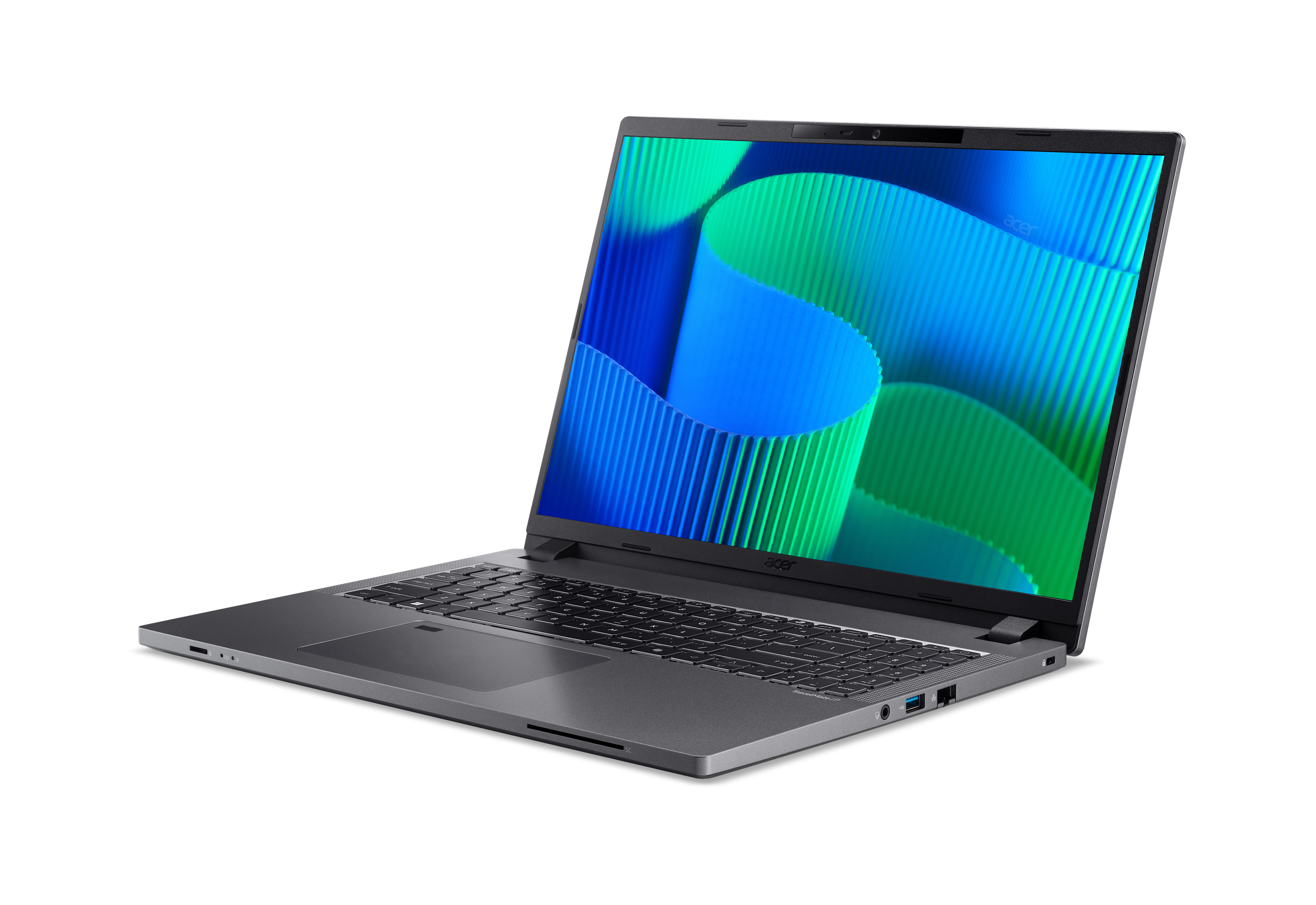 Dunkelgrauer Acer Laptop, offen, zeigt ein blaues und grünes abstraktes Design. Schwarze Tastatur, silberner Rahmen.