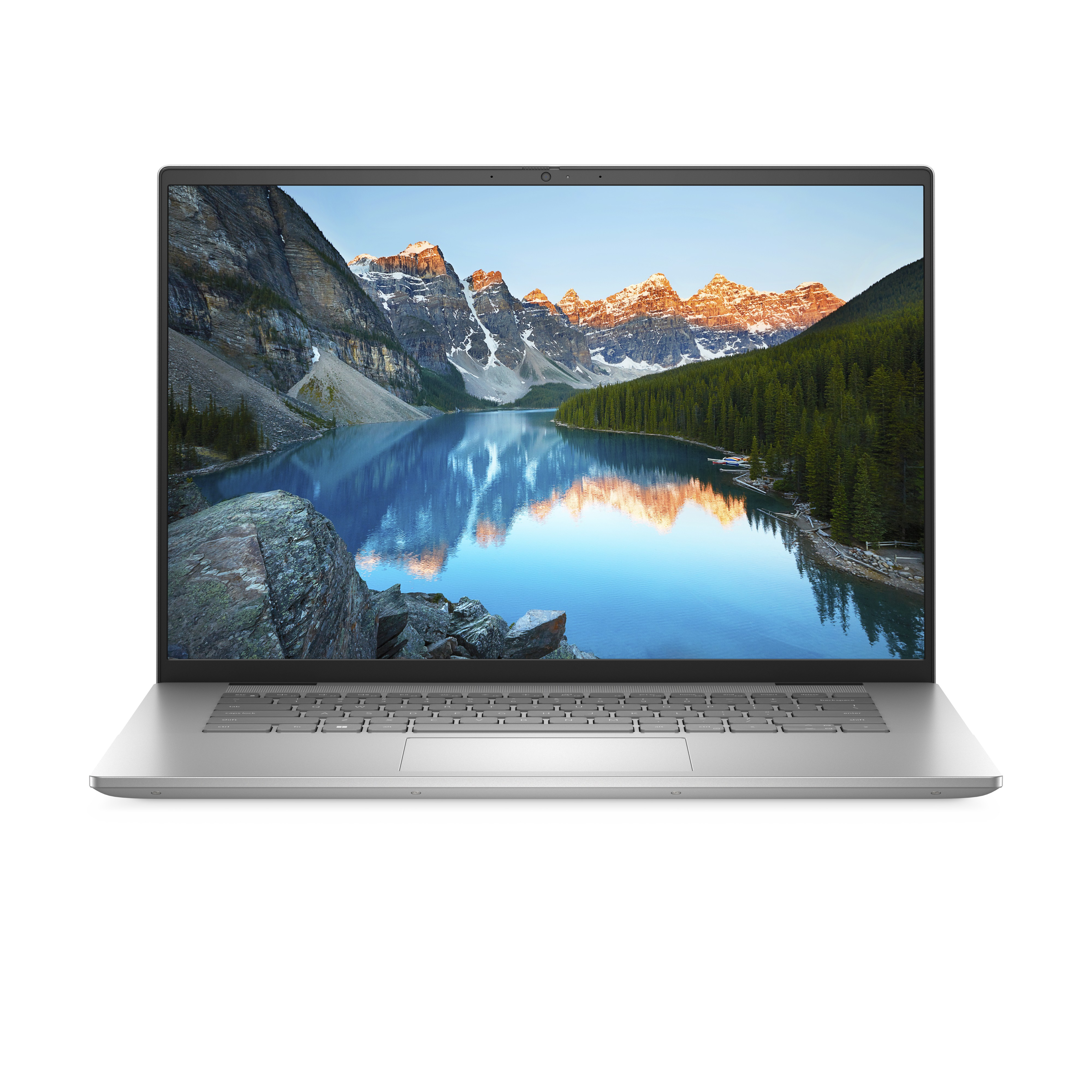 Silberner Laptop offen, zeigt eine Berg- und Seeszene auf dem Bildschirm.