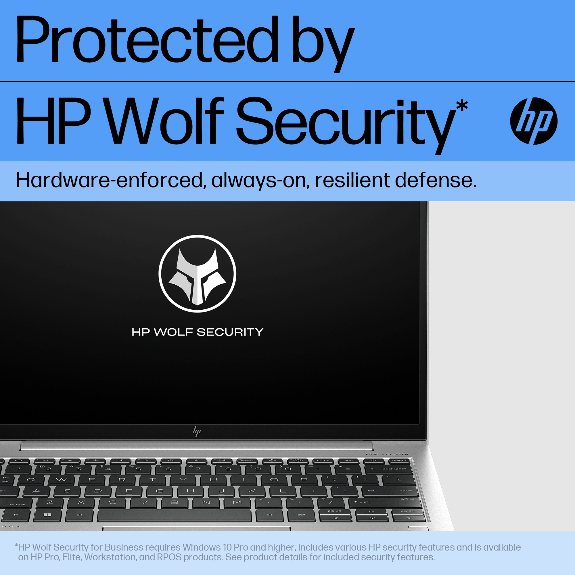 Tekst op een laptop scherm: HP Wolf Security, met logo, op een witte achtergrond.