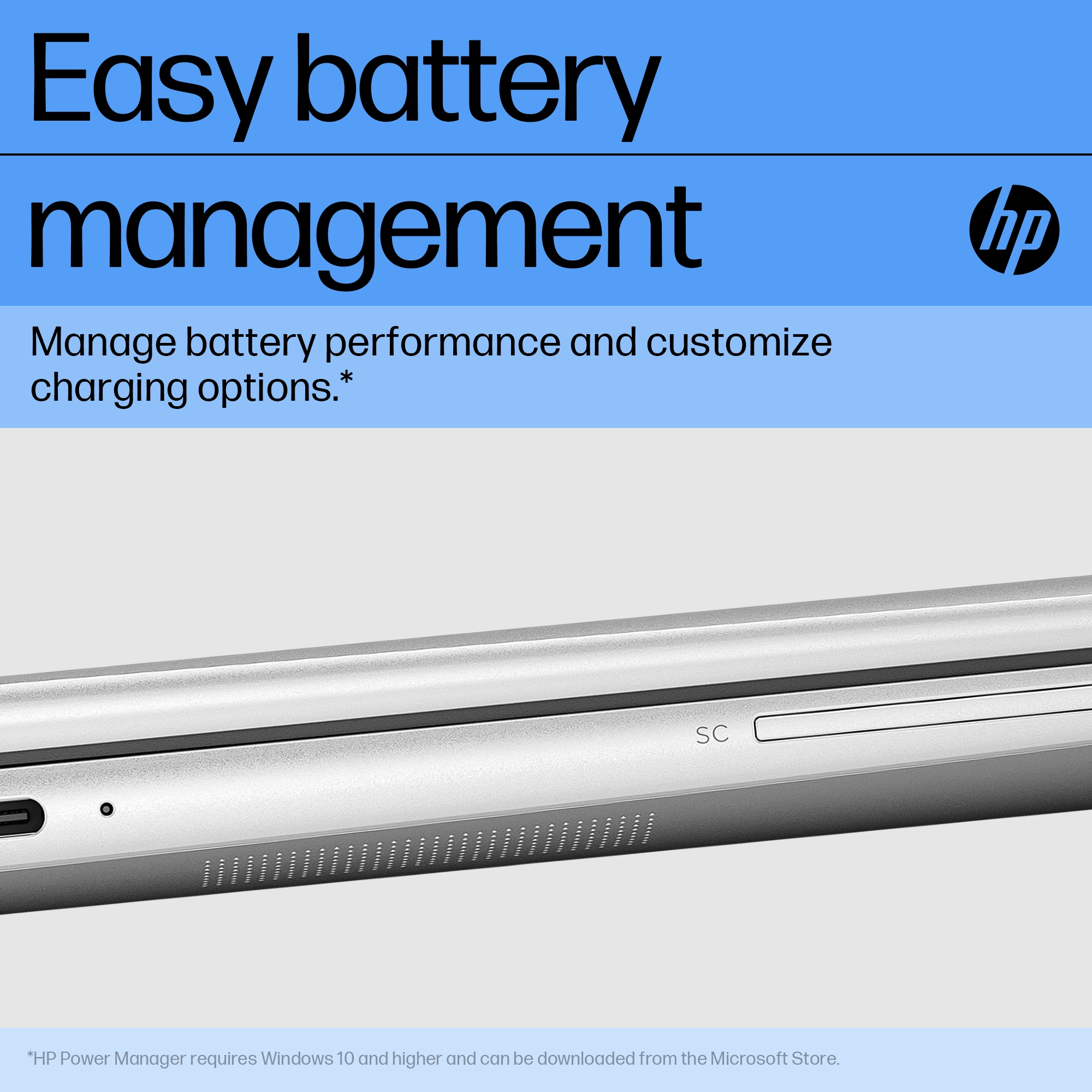 Afbeelding toont zijaanzicht van een laptop, met tekst over eenvoudig batterijbeheer.