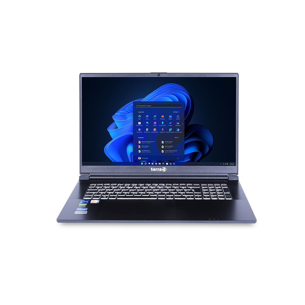 Dunkler Laptop mit weißer Tastatur, geöffnet auf weißer Oberfläche, Windows-Desktop.
