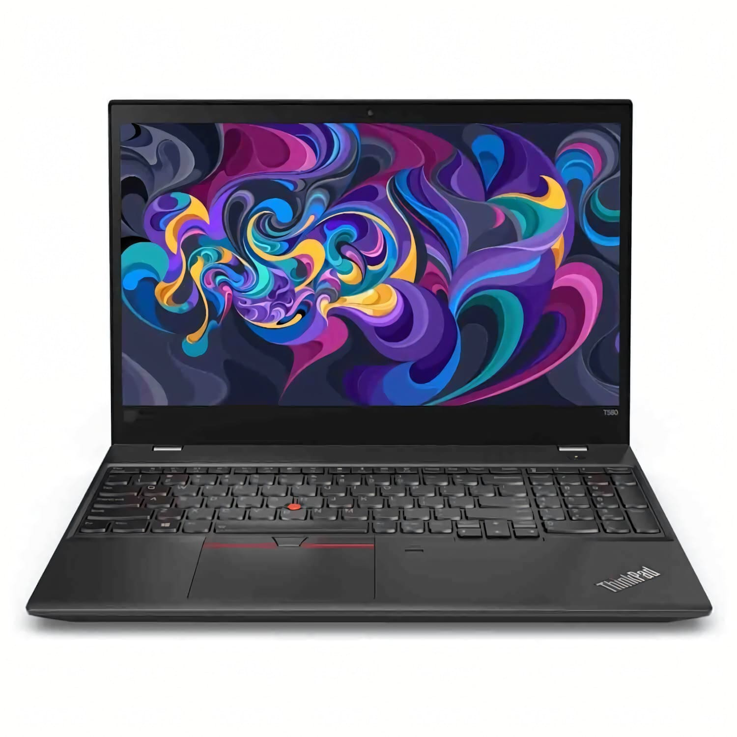 Portátil ThinkPad negro en superficie blanca, con arte abstracto colorido en pantalla.