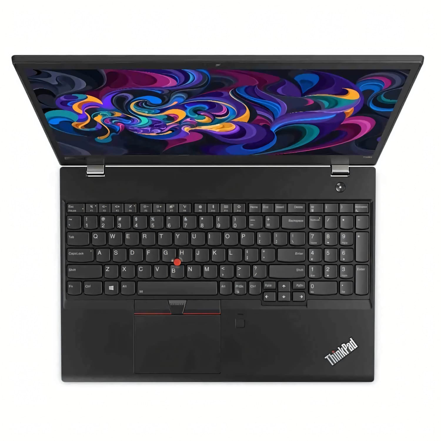 Vista cenital de un portátil ThinkPad negro, abierto, mostrando el teclado y la pantalla.
