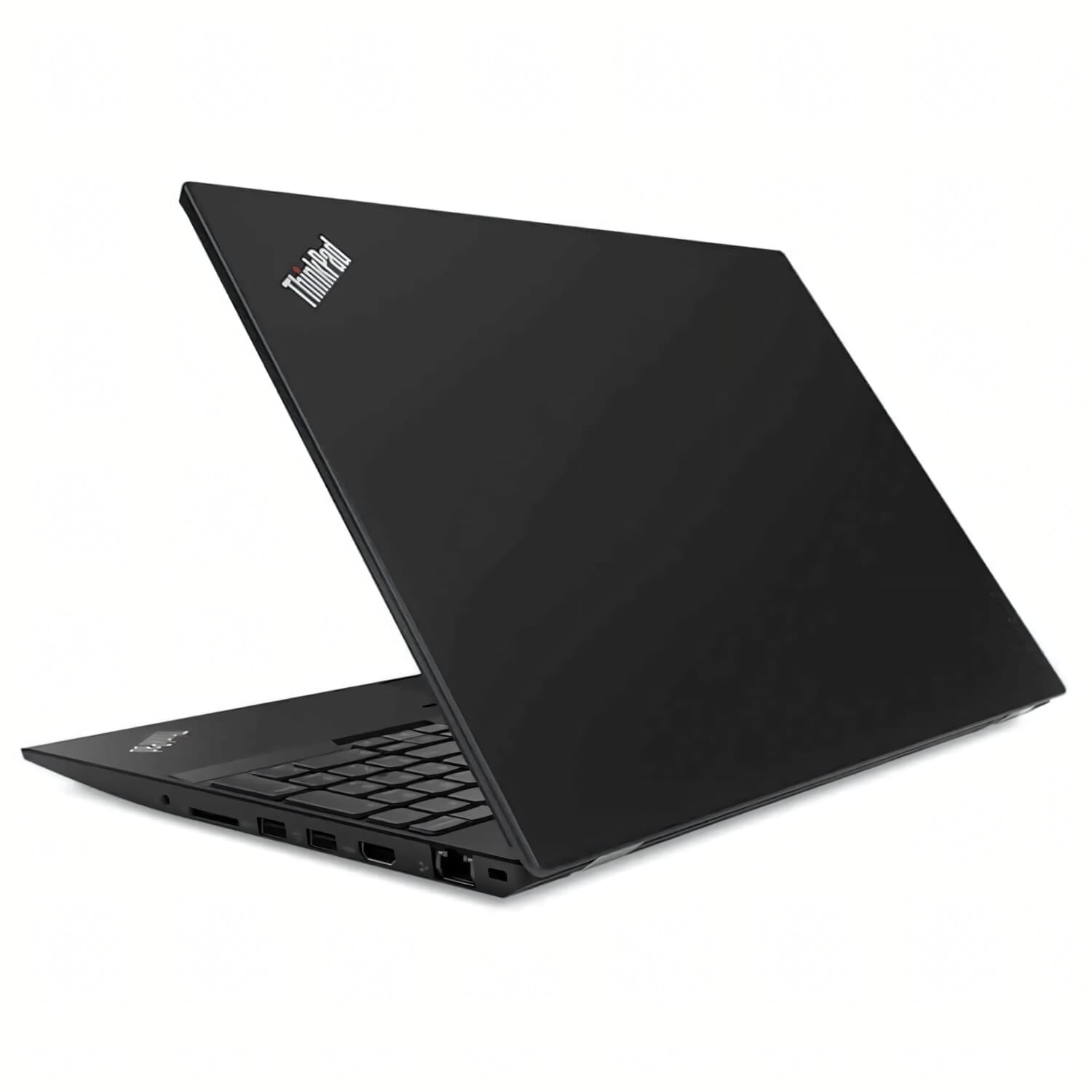 Portátil ThinkPad negro, vista trasera, sobre superficie blanca. Logo ThinkPad visible.