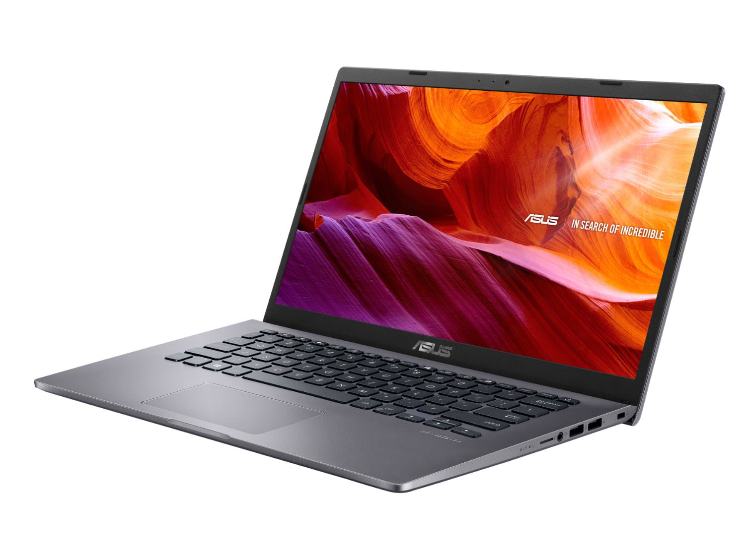 Grauer ASUS-Laptop geöffnet, zeigt ein farbenfrohes Bild auf dem Bildschirm. Weißer Hintergrund.