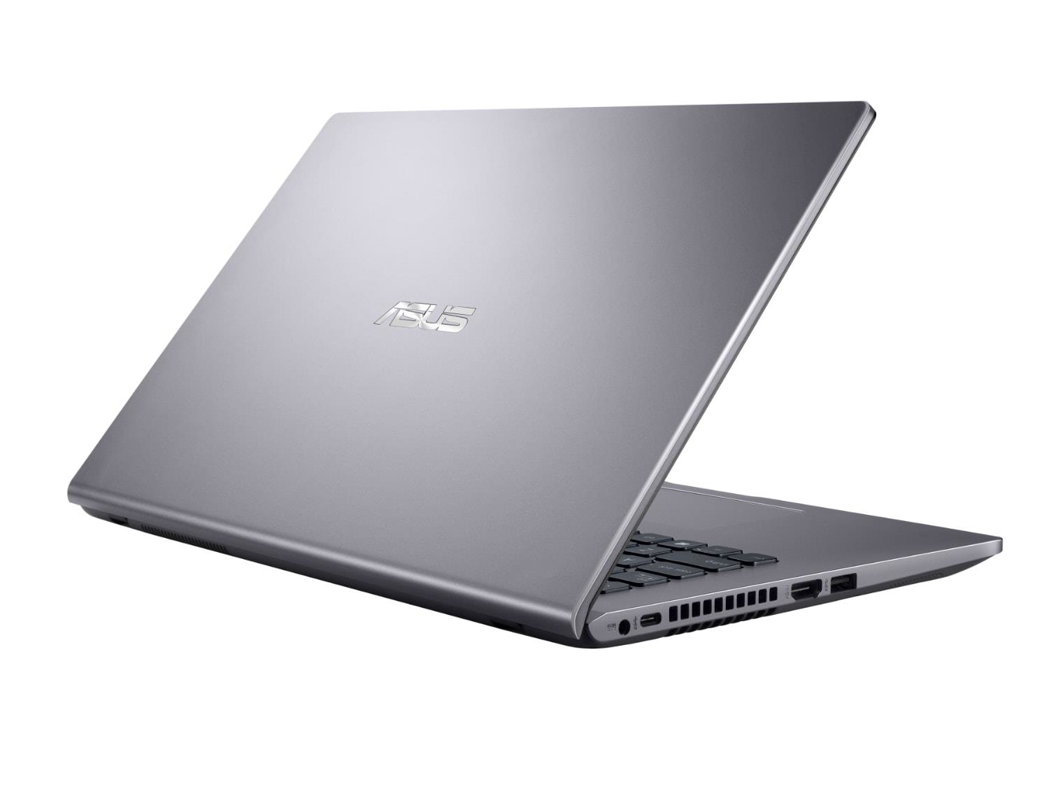 Grauer ASUS-Laptop auf weißem Hintergrund. Die Rückseite des Laptops ist sichtbar.