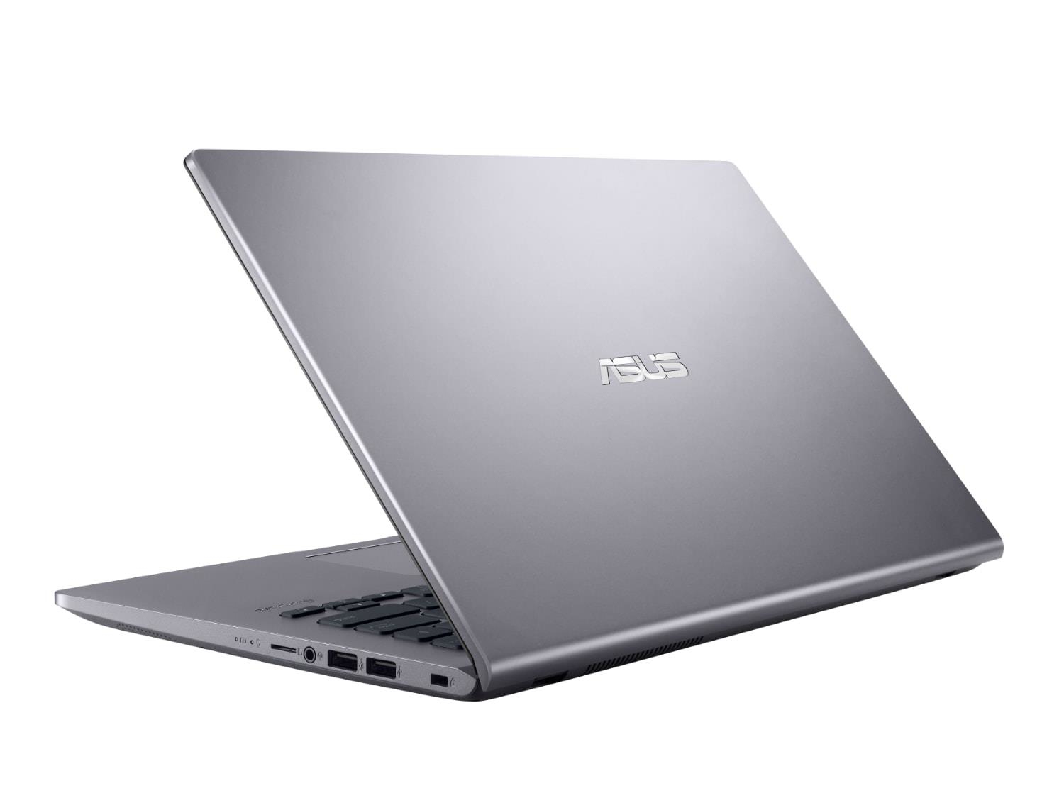 Grauer ASUS-Laptop auf weißem Hintergrund. Die Rückseite des Laptops ist sichtbar.
