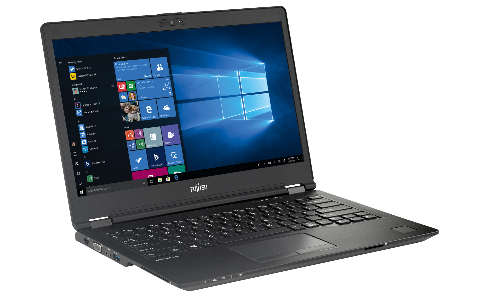 Zwarte Fujitsu laptop, open, onder een hoek, met de Windows-interface op het scherm. Het logo is zichtbaar.