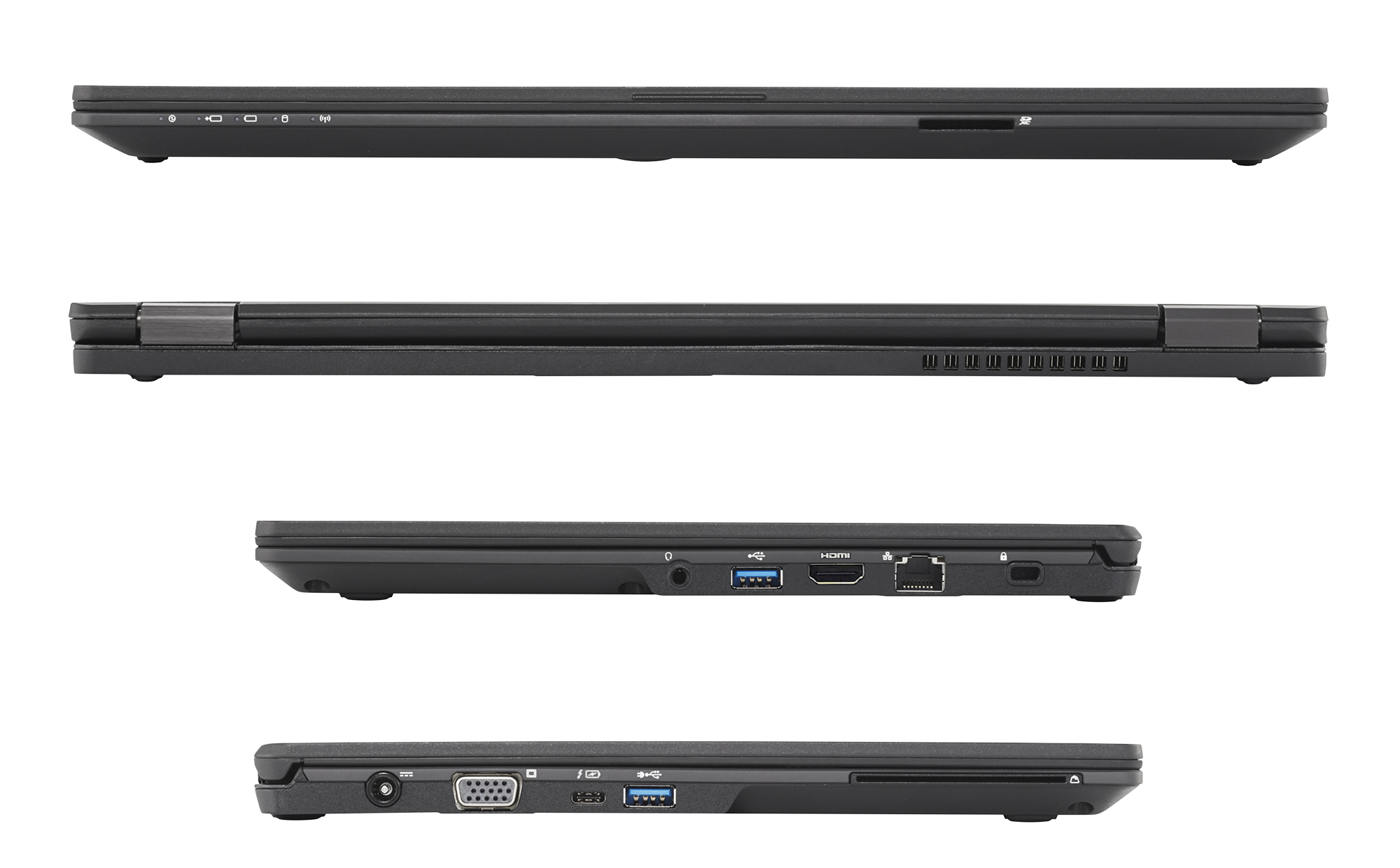 Zwarte laptop met verschillende weergaven: bovenkant, zijkant en poorten. Toont poorten: USB, HDMI en SD-kaartsleuf.