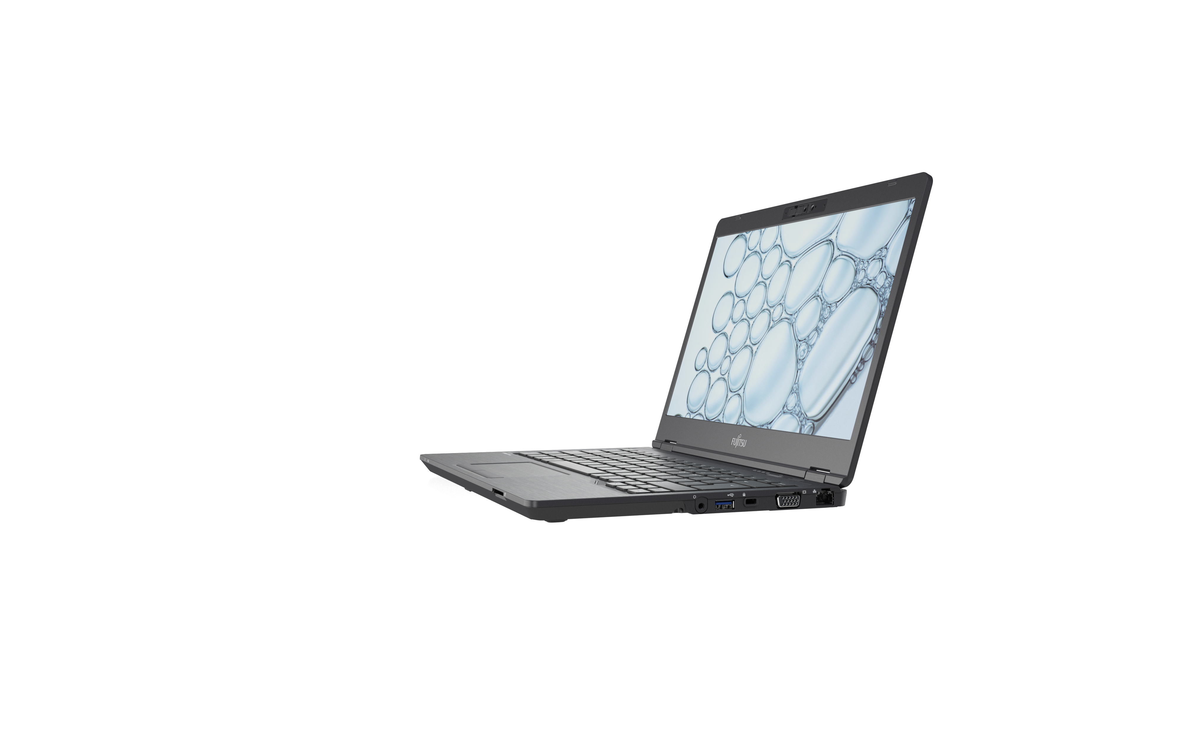 Fujitsu laptop, open, met bellen op het scherm. Zwart, op een witte achtergrond.