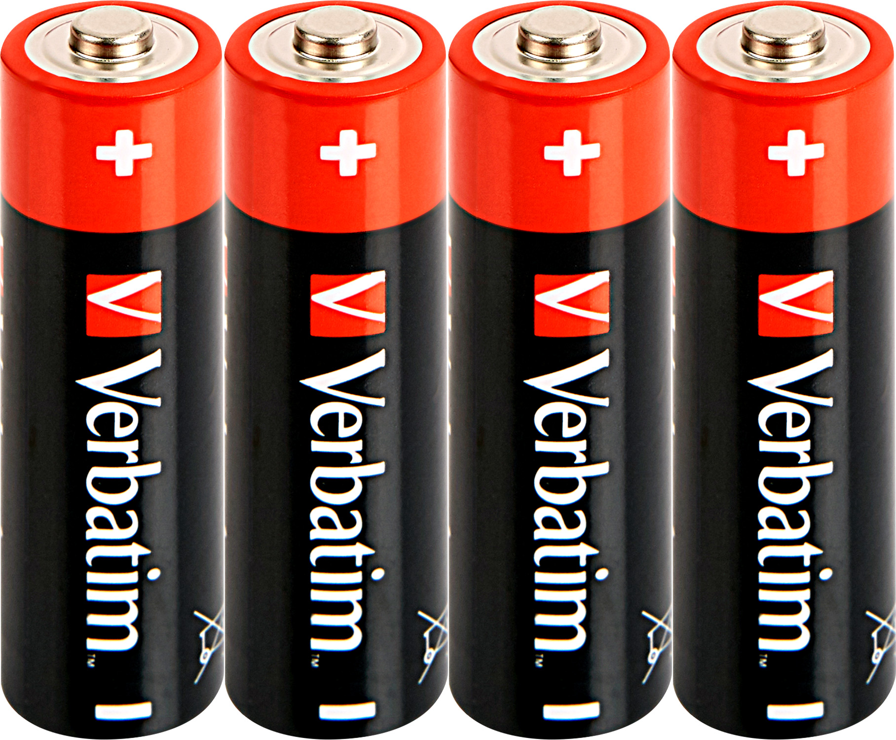Cztery baterie Verbatim AA, czerwone i czarne. Białe symbole plus. Białe tło.