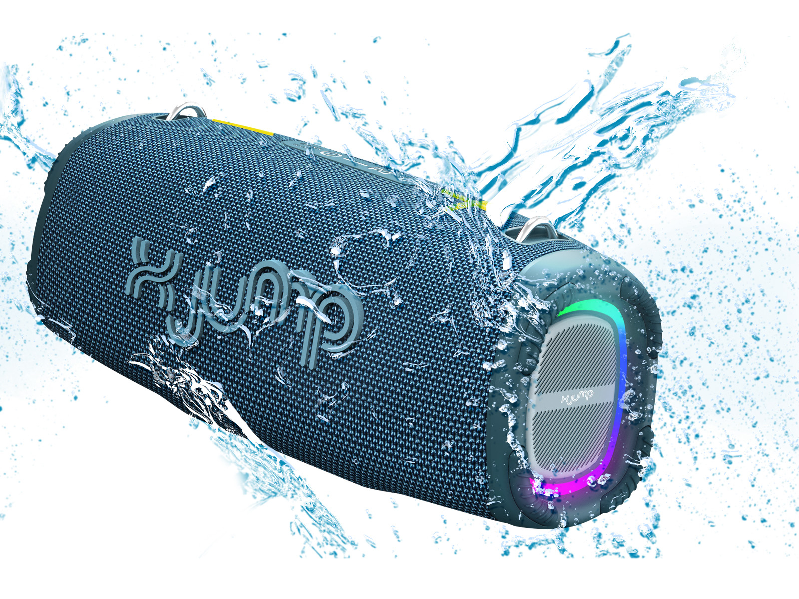 Niebieski głośnik z rozpryskami wody. Białe tło. Widoczne logo XUP. Światło RGB z boku.