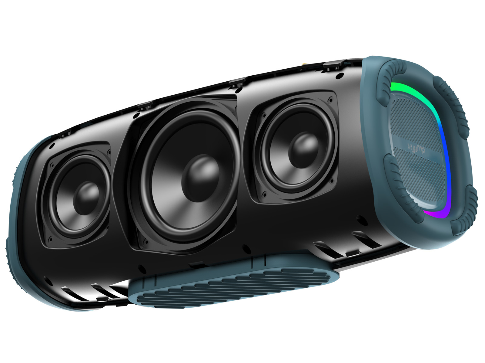 Czarny głośnik z odsłoniętymi głośnikami. Niebieskie i czarne akcenty. Białe tło.