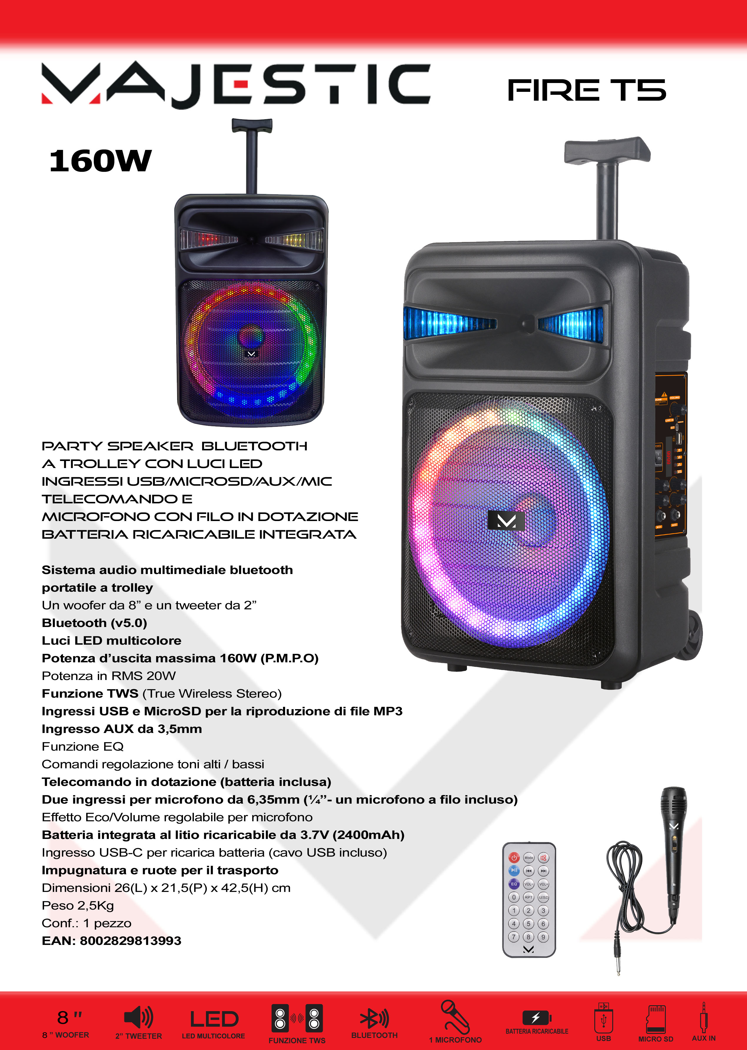 Czarny głośnik imprezowy ze światłami i uchwytem z tekstem i mikrofonem.