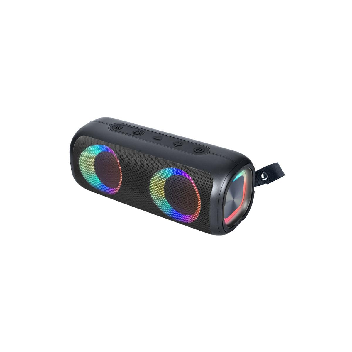 Czarny, prostokątny głośnik z dwoma kolorowymi wyświetlaczami świetlnymi po obu stronach. Jest ustawiony na białym tle.