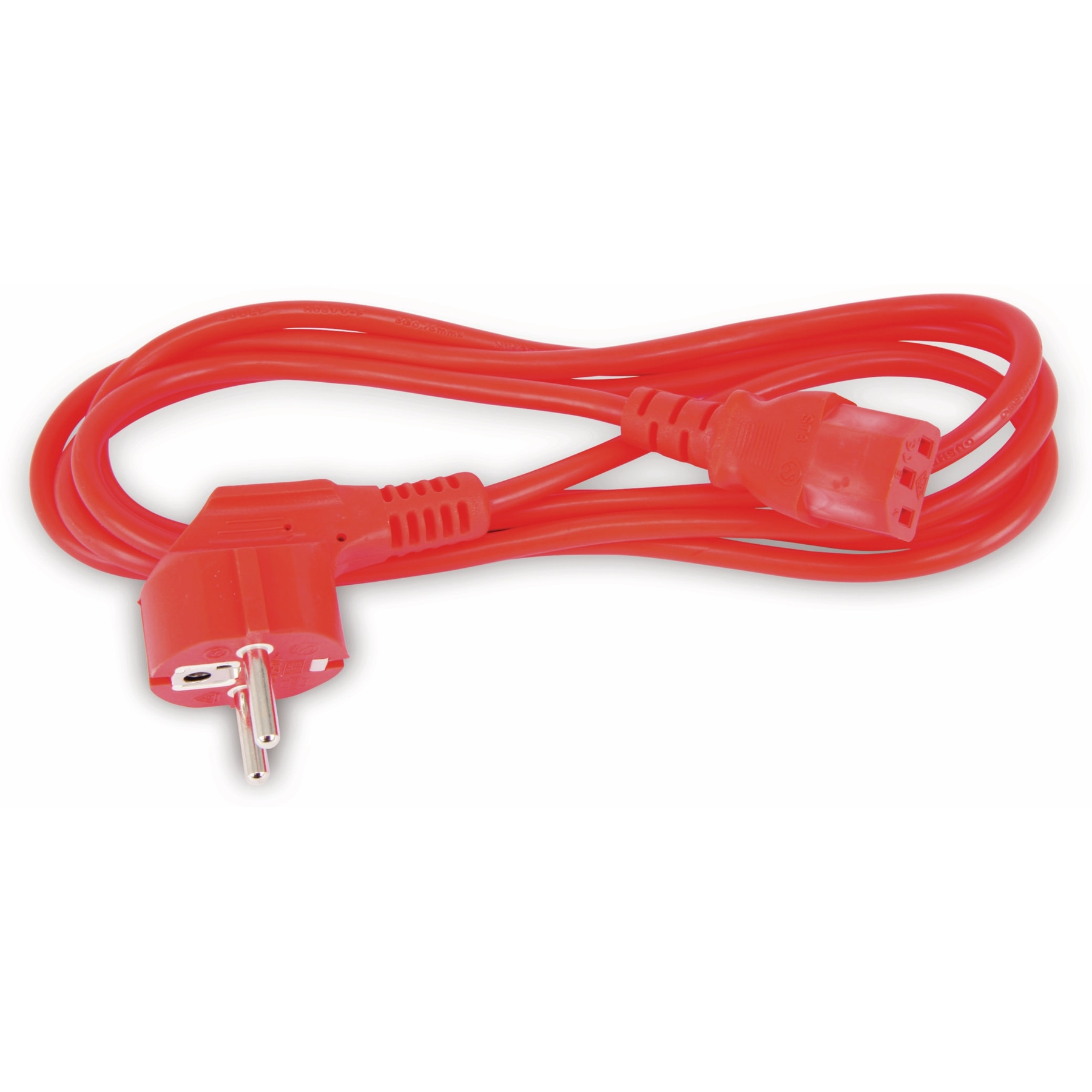 Czerwony kabel zasilający z wtyczką europejską i złączem C13.