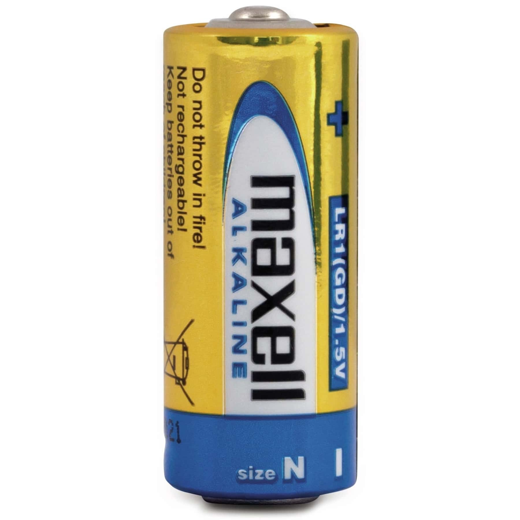 Bateria alkaliczna Maxell, żółto-niebieska etykieta, ze znakiem plus i napisem 'LR1(GD)/1.5V'.