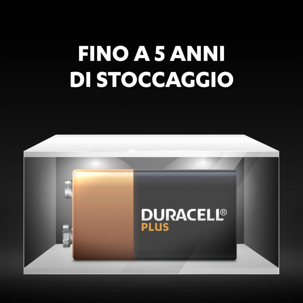 Bateria Duracell Plus 9V w pudełku ekspozycyjnym. Pudełko jest białe, a bateria widoczna. Czarne tło.