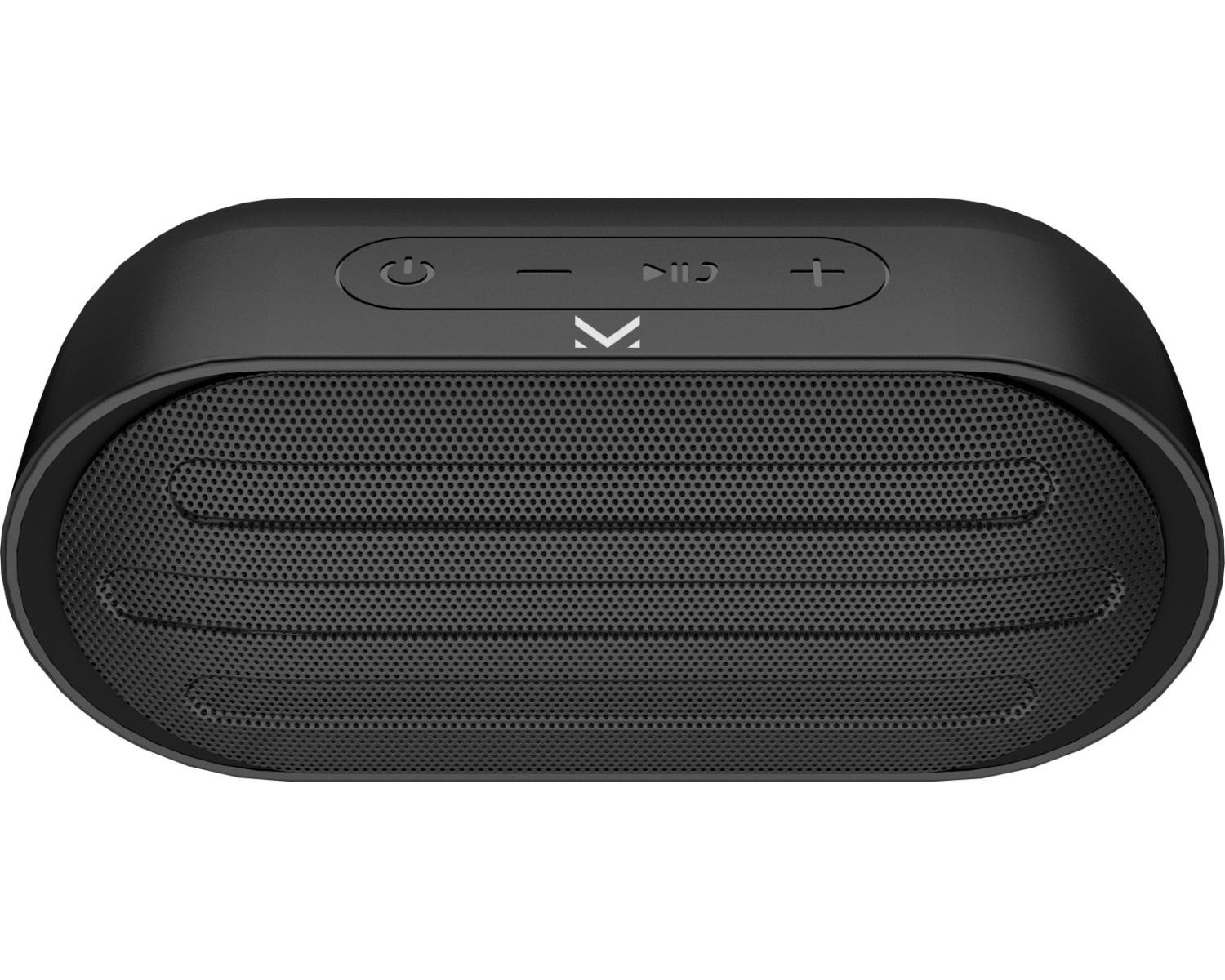 Czarny, owalny głośnik z siatkowym przodem, przyciskami zasilania i głośności, białe tło.