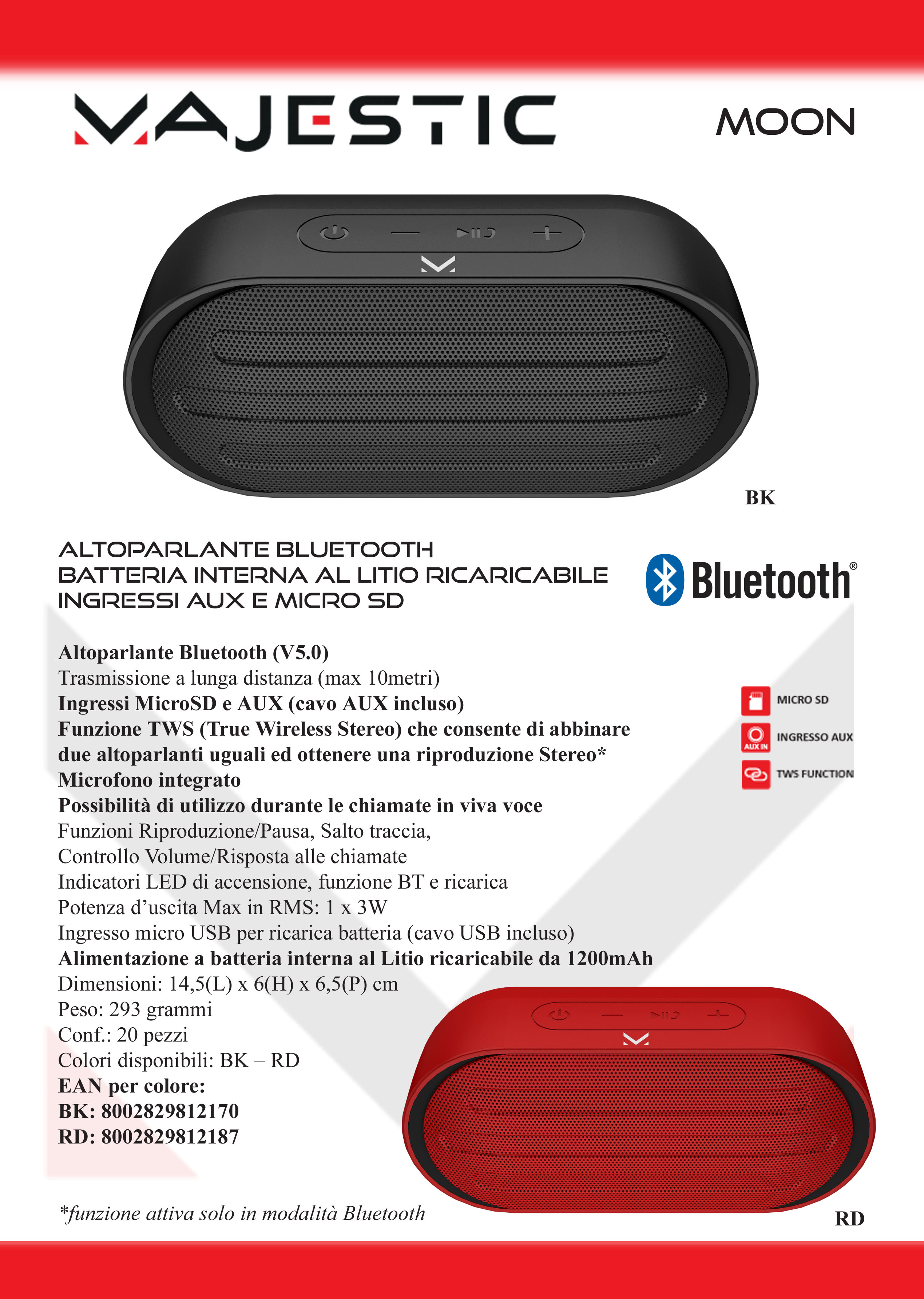 Czarny i czerwony głośnik Bluetooth z tekstem. Czarny głośnik jest owalny, a czerwony widoczny poniżej tekstu.