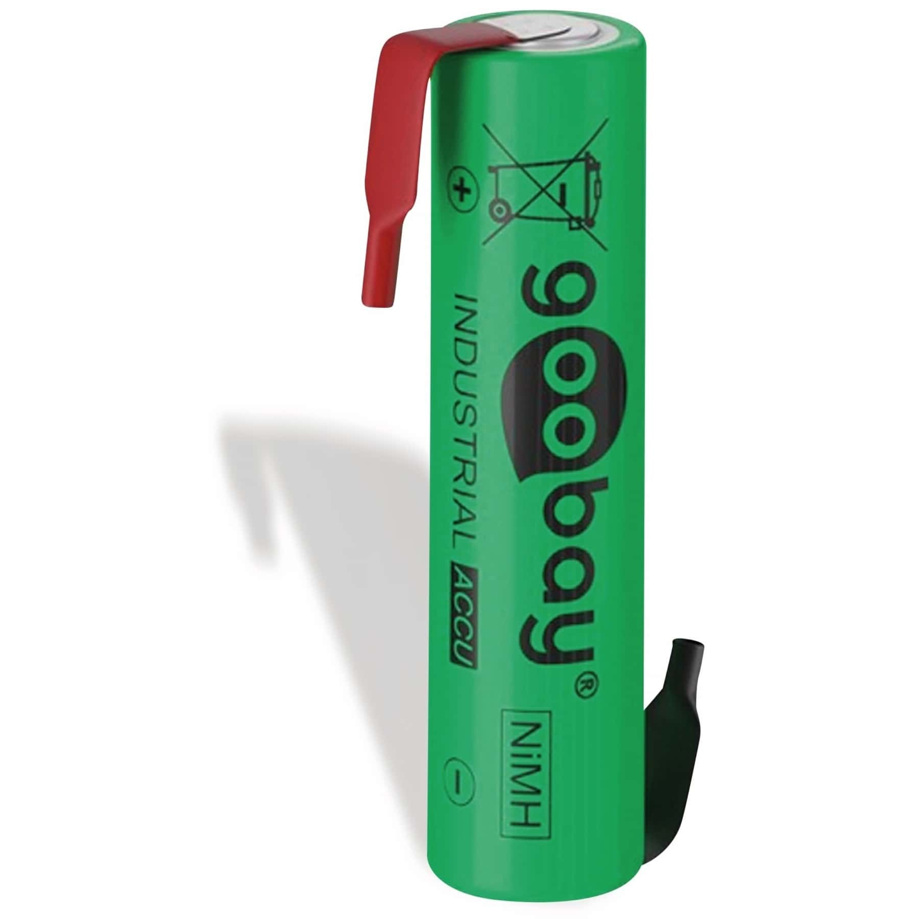 Batteria NiMH industriale goobay verde con terminali rossi e neri, sfondo bianco.