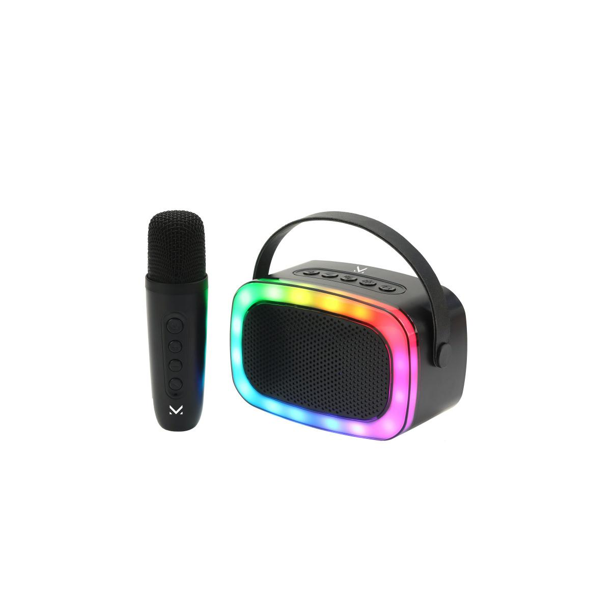 Czarny głośnik z uchwytem i kolorowymi światłami. Po lewej stronie czarny mikrofon.