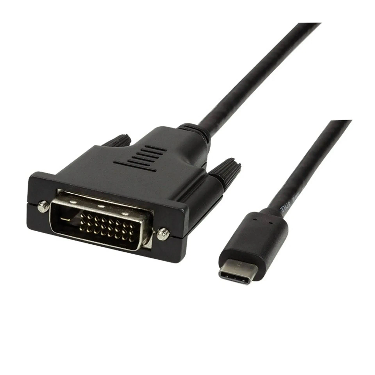 Cavo nero da DVI a USB-C, su sfondo bianco.