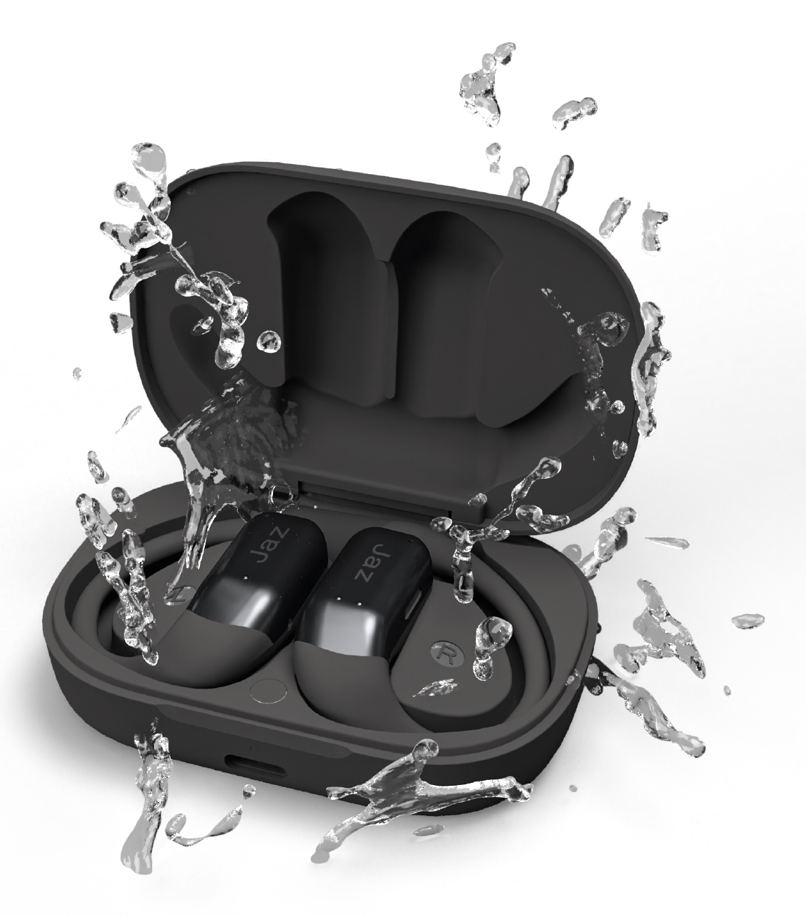 Auriculares negros en un estuche con salpicaduras de agua. Los auriculares están marcados 'Jaz'.