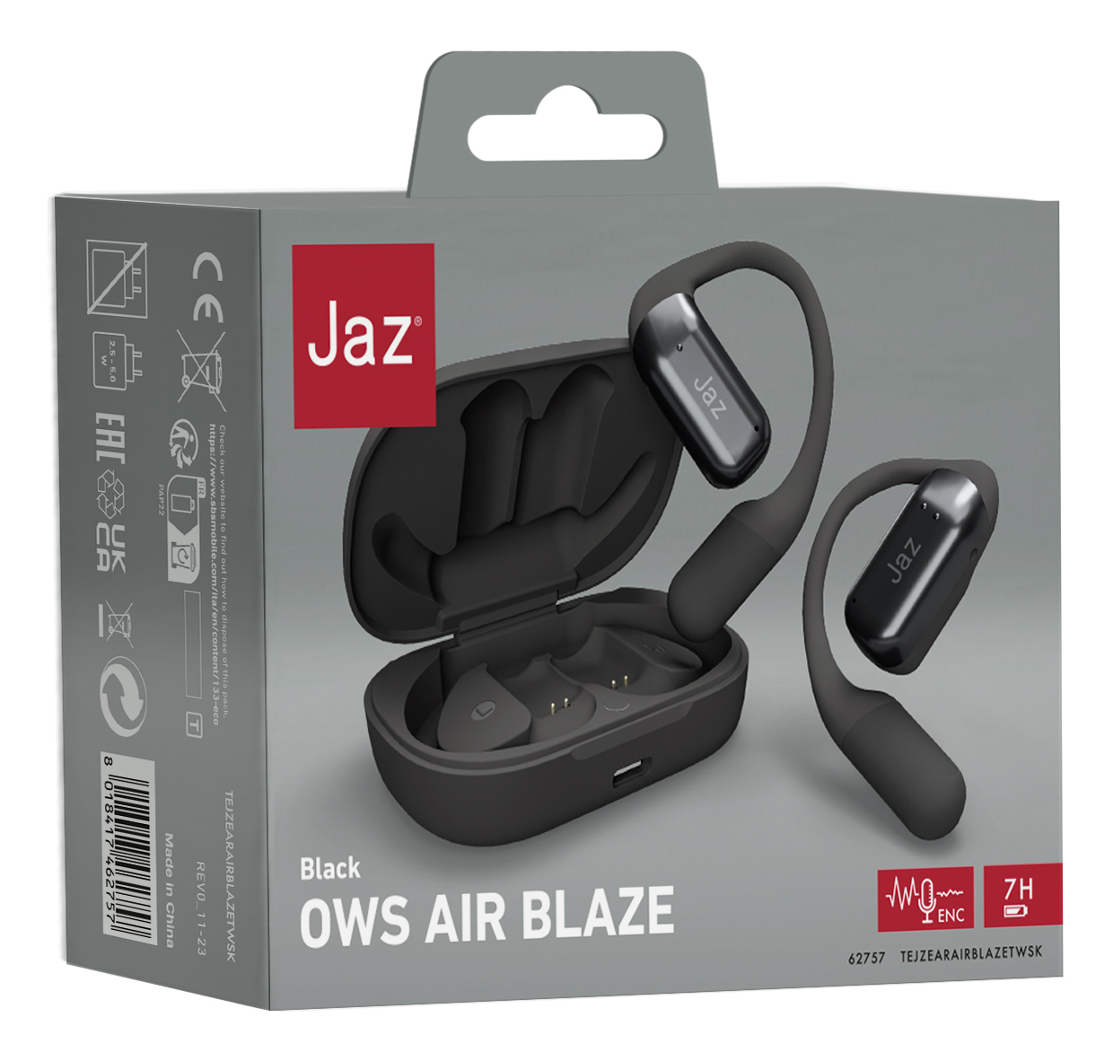 Auriculares negros de la marca Jaz en una caja. La caja dice OWS AIR BLAZE y tiene imágenes.