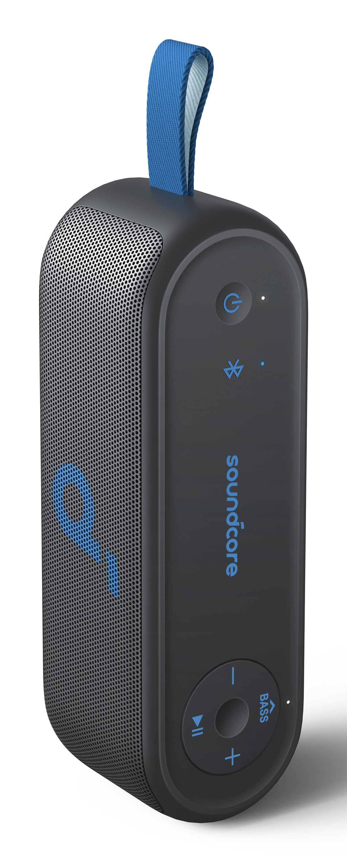 Czarny i szary głośnik Soundcore z niebieskim paskiem i logo.