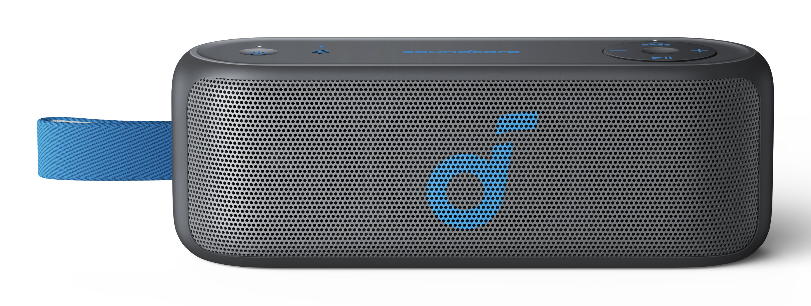 Czarny i szary głośnik Anker Soundcore z niebieskim paskiem. Ma niebieskie logo i przyciski sterowania.