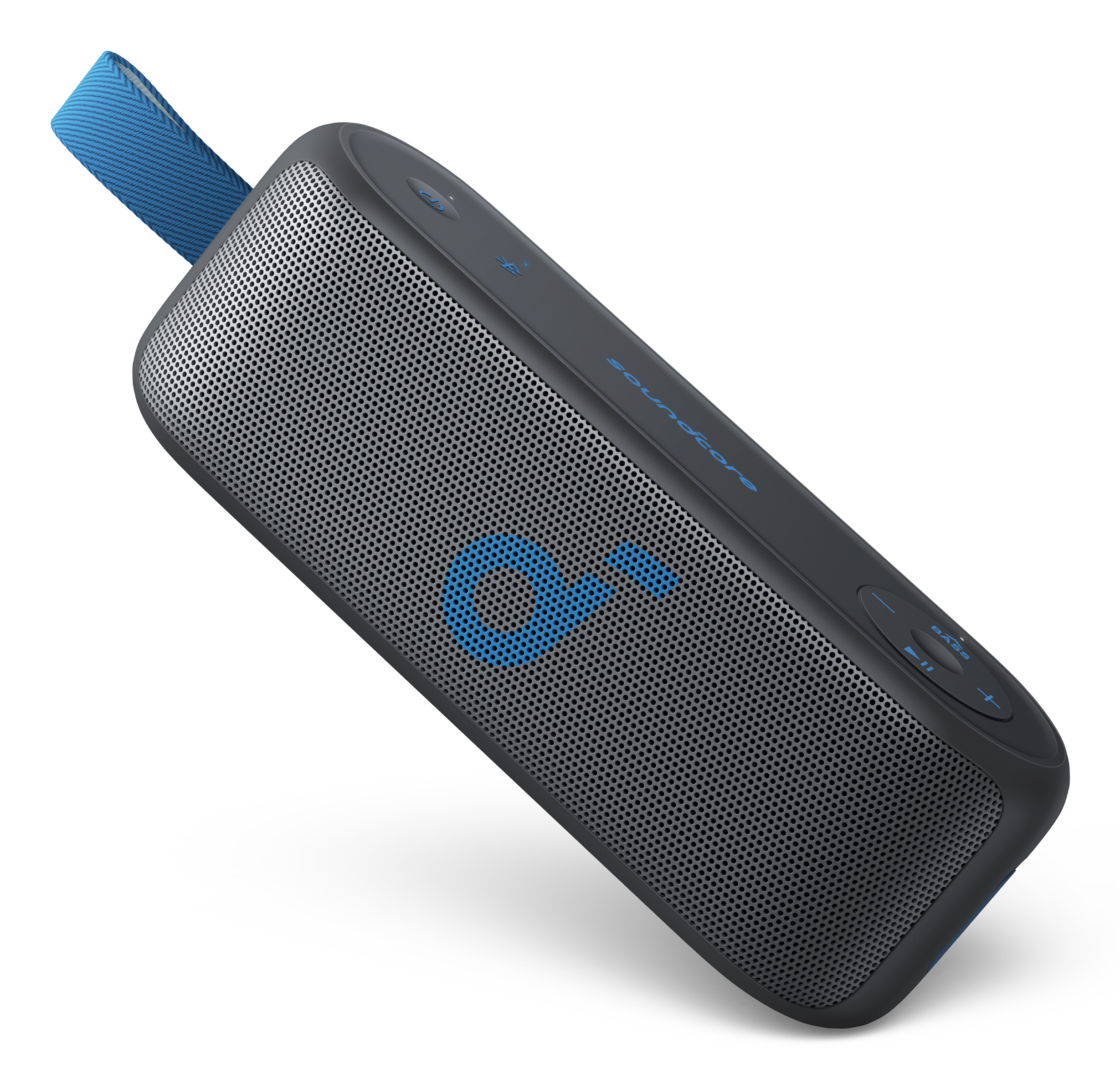 Czarny i szary głośnik Soundcore. Niebieski pasek i logo. Białe tło.