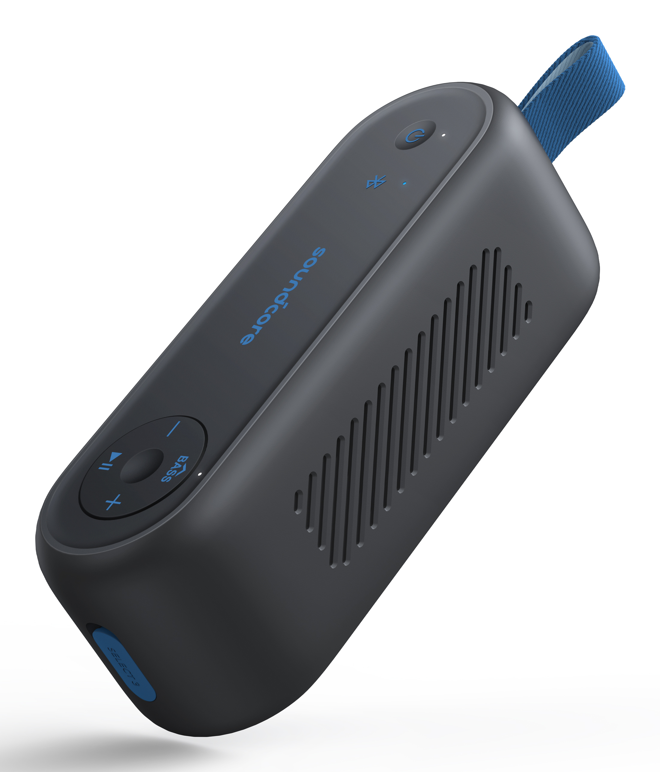 Czarny i niebieski głośnik Soundcore. Ma przyciski i niebieski pasek. Białe tło.