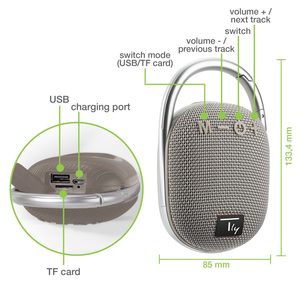 Draagbare speaker, grijs gaas en zilveren accenten. Gelabelde knoppen en poorten. Wit.