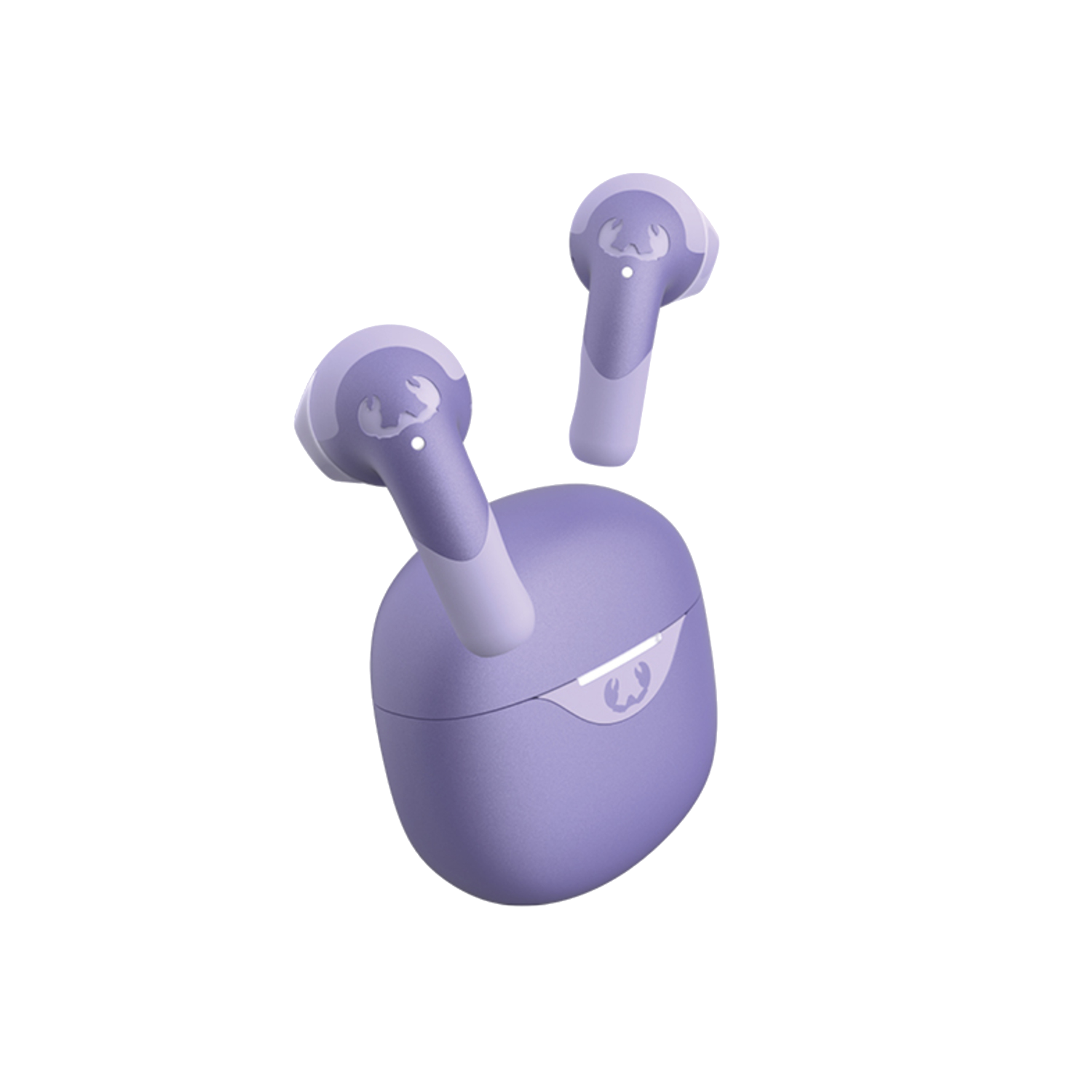 Fioletowe bezprzewodowe słuchawki i etui, unoszące się. Czarne tło.