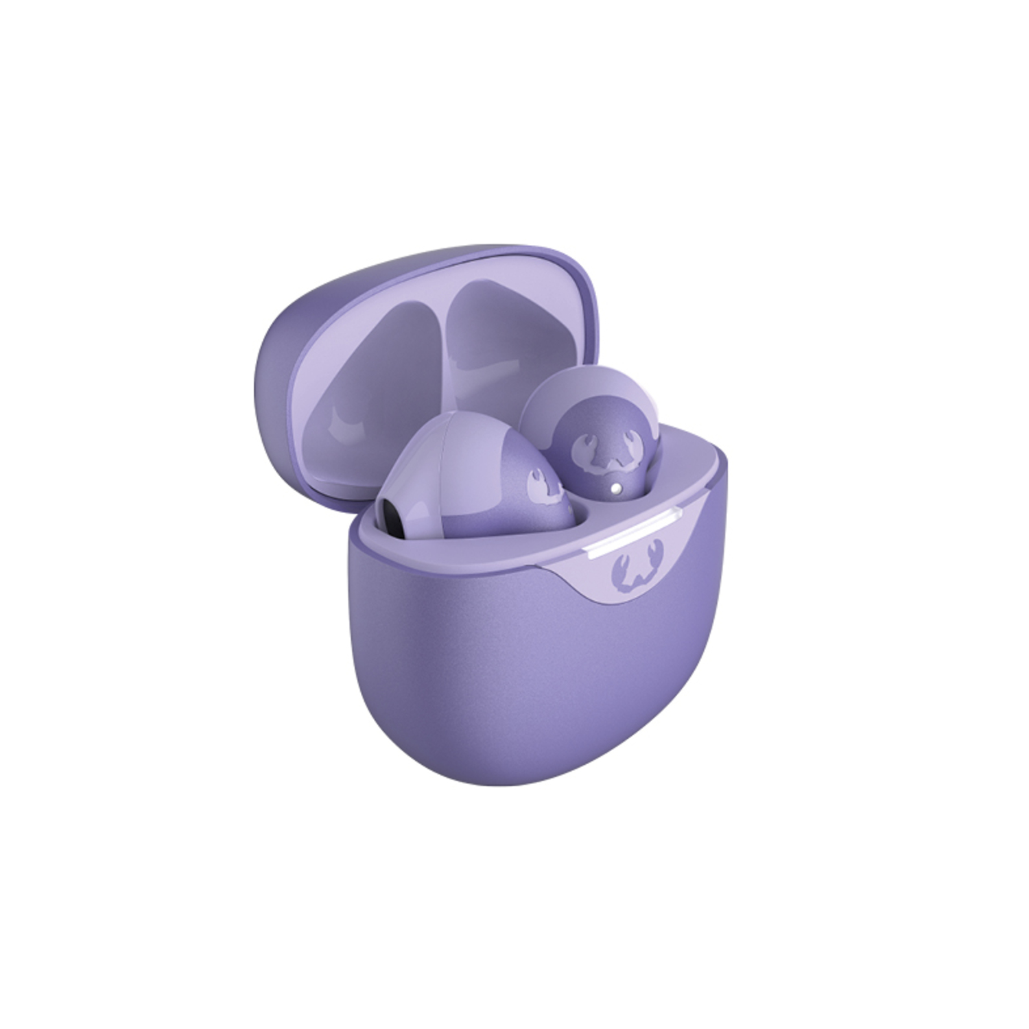 Bezprzewodowe fioletowe słuchawki w fioletowym etui, otwarte. Białe tło.