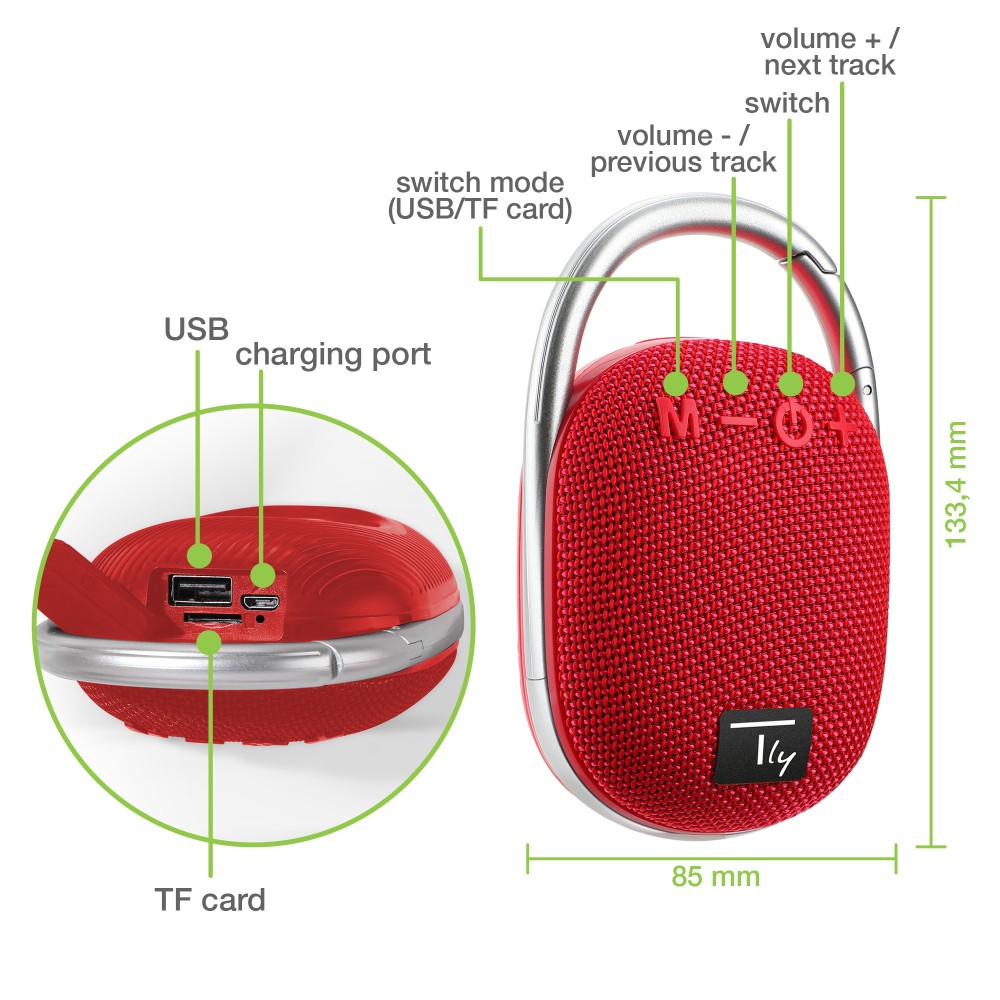 Altoparlante rosso con pulsanti e un anello. Ha una porta USB e una scheda TF.
