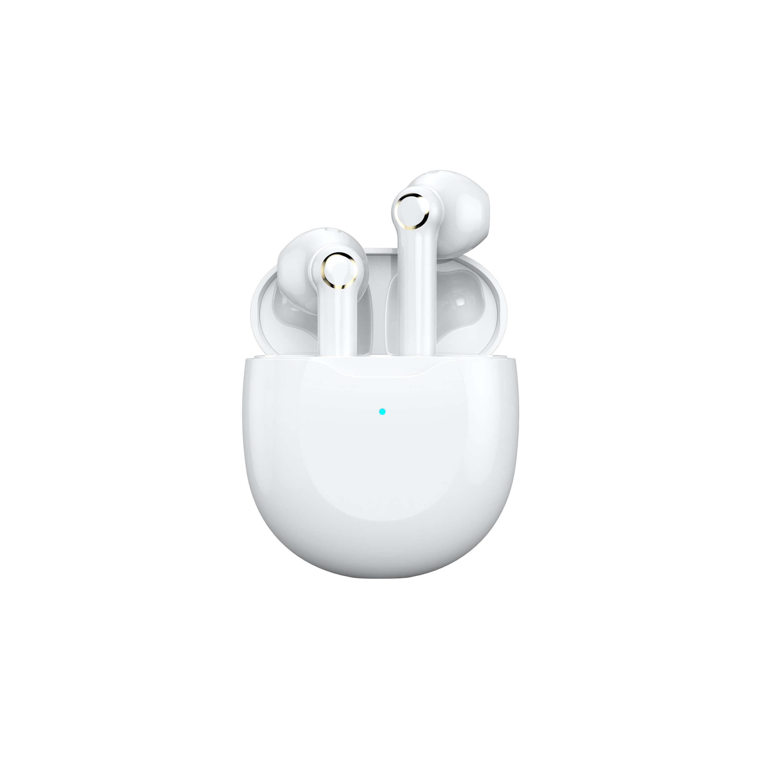 Auricolari wireless bianchi in custodia di ricarica bianca su sfondo bianco.