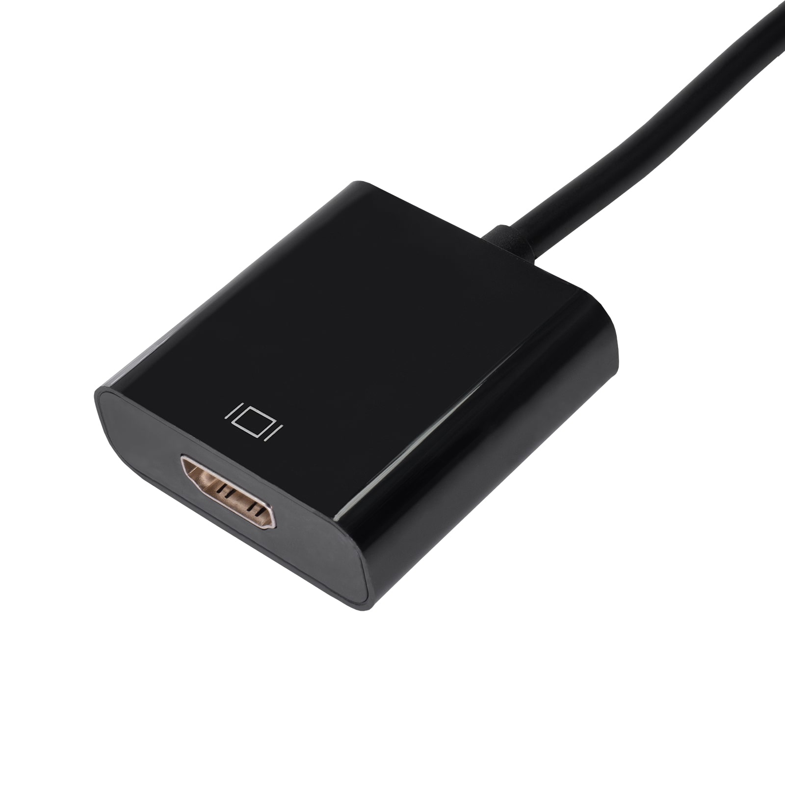 Czarny adapter HDMI z portem HDMI po lewej stronie i czarną obudową na białym tle.