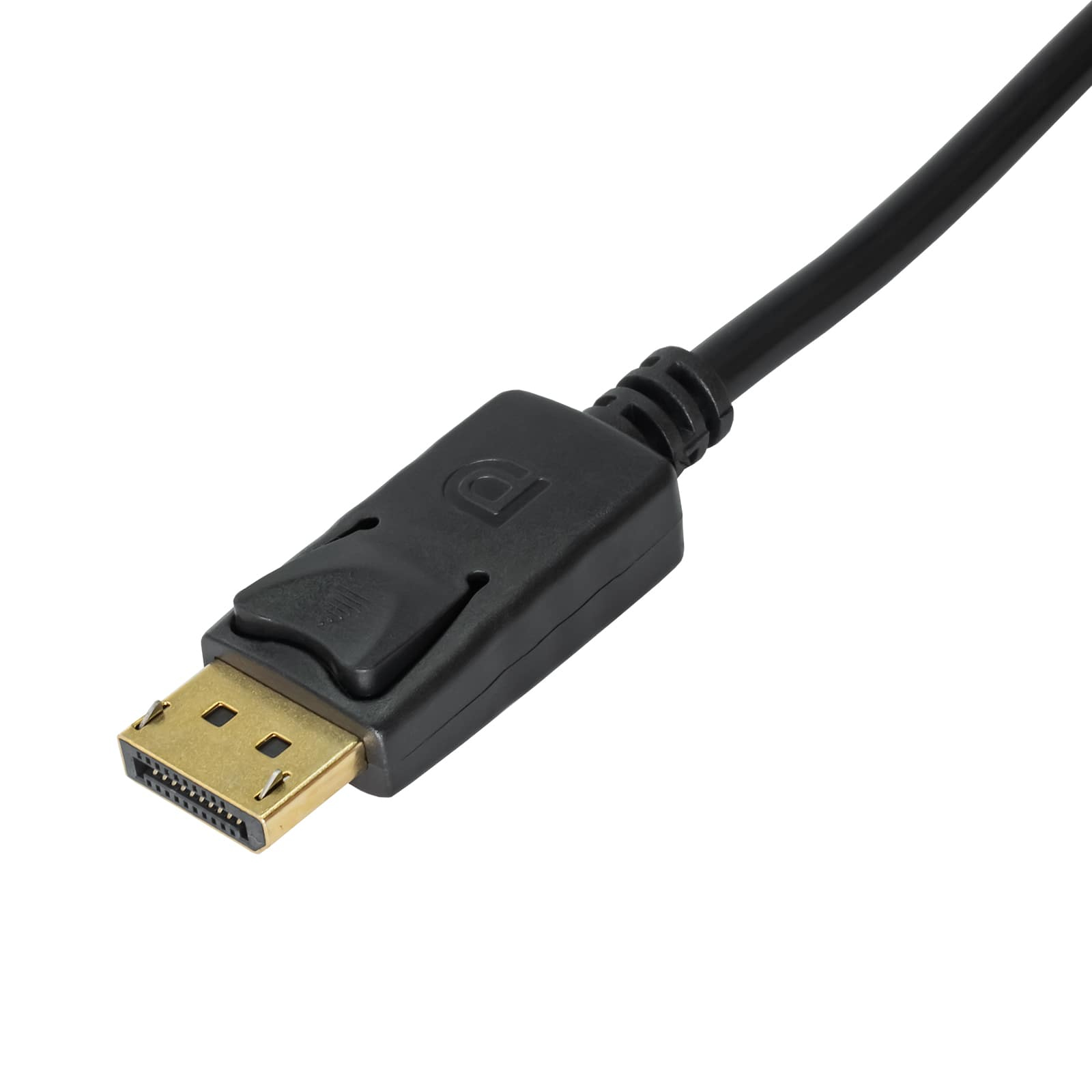 Czarny konektor kabla DisplayPort ze złotymi pinami, izolowany na białej powierzchni.