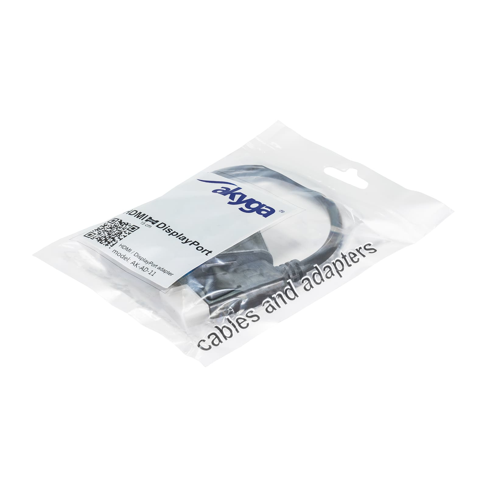 Adapter HDMI do DisplayPort w przezroczystym plastikowym opakowaniu, z logo akyga.