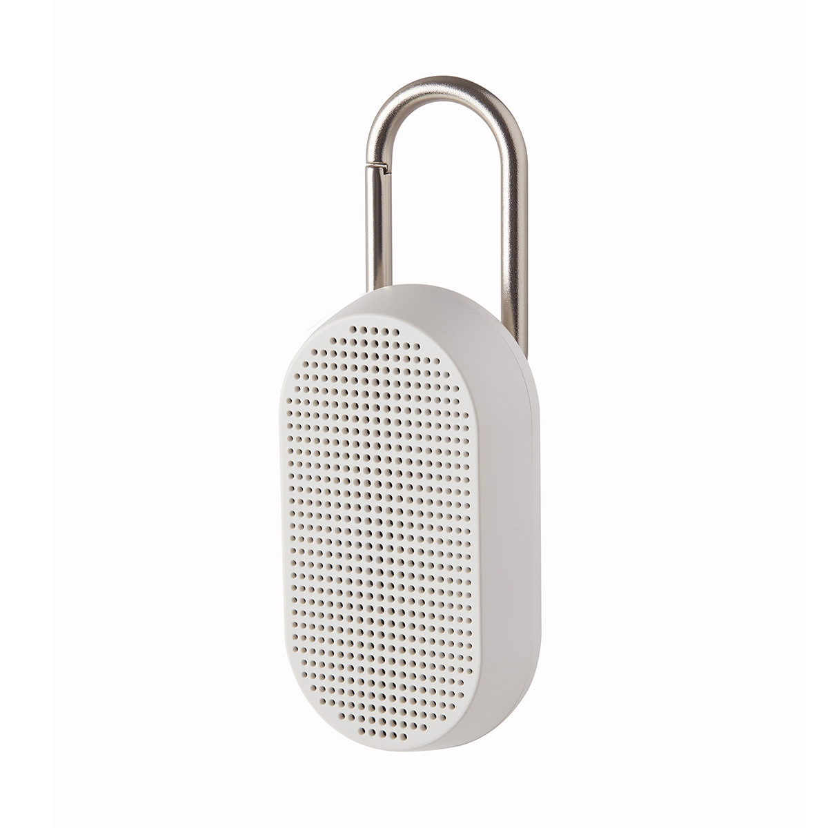 Altavoz blanco con asa plateada. Fondo blanco.