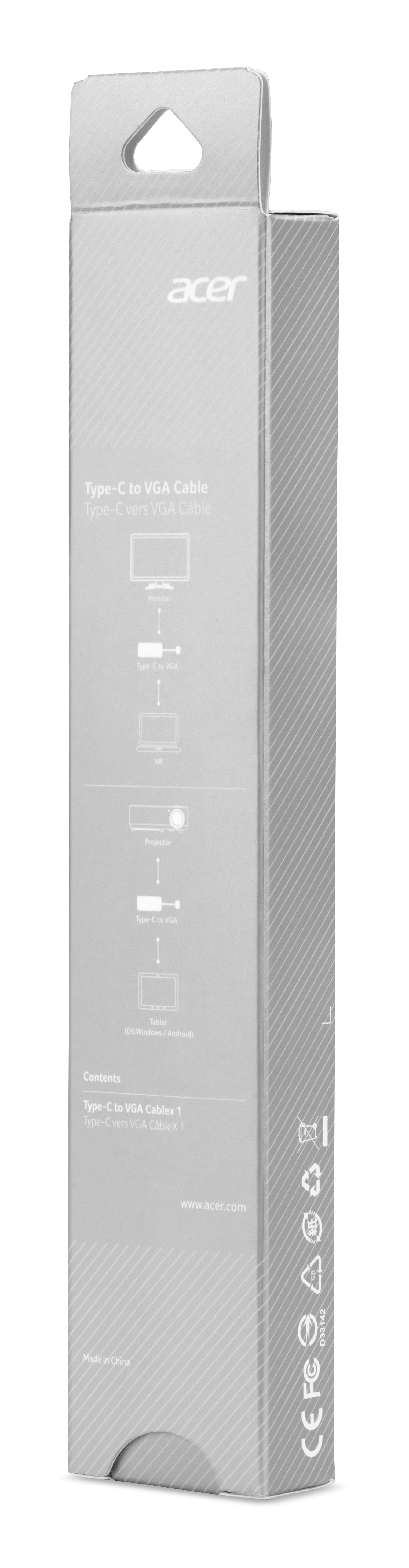 Empaque Acer para cable Tipo-C a VGA, mostrando diagramas y marca.