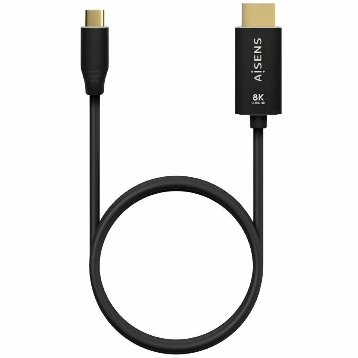 Cable HDMI negro con conectores dorados, etiquetado 'AiSENS' y '8K Ultra HD'.