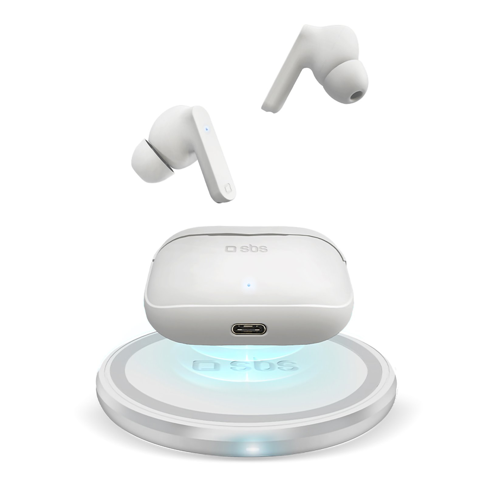 Auricolari bianchi, custodia di ricarica su caricatore wireless. Marchio: sbs. Luce blu.