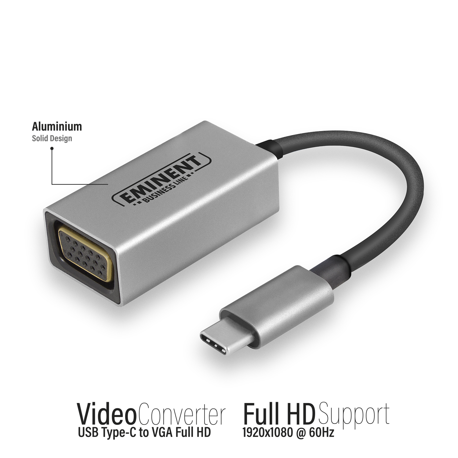 Adaptador VGA a USB Tipo-C plateado. Cuerpo plateado, cable negro. Fondo blanco.